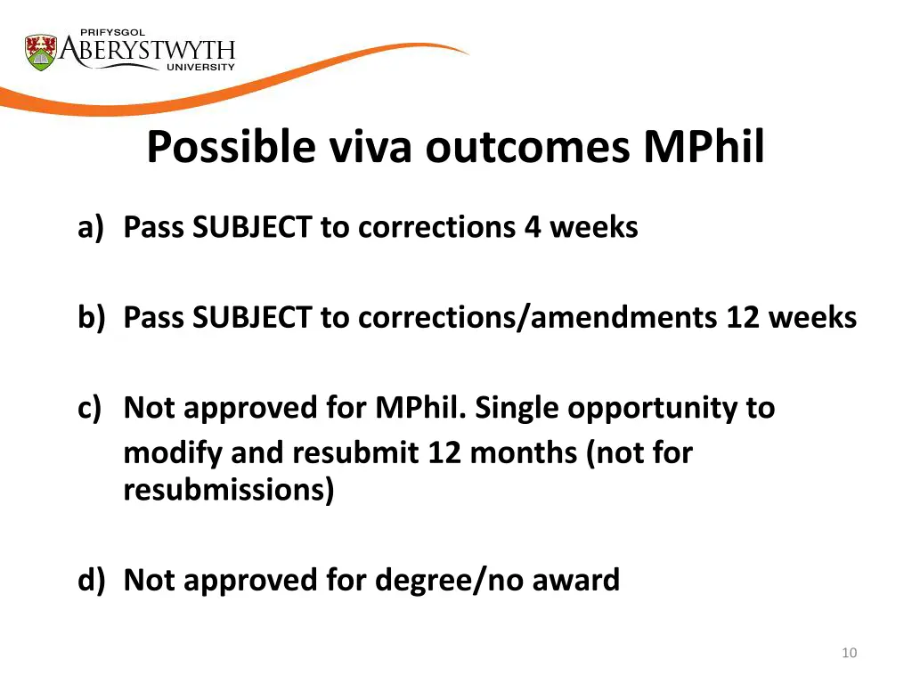 possible viva outcomes mphil a pass subject