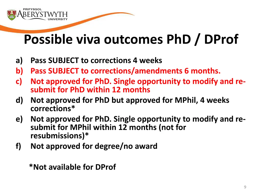 possible viva outcomes phd dprof a pass subject