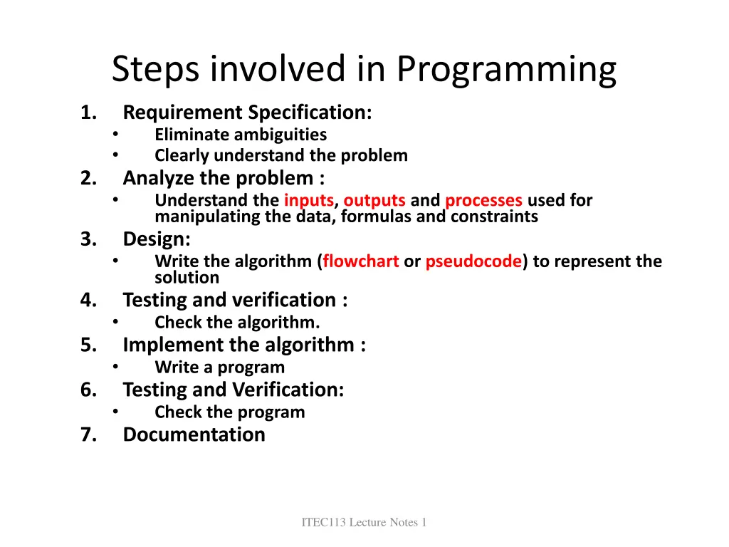steps involved in programming requirement