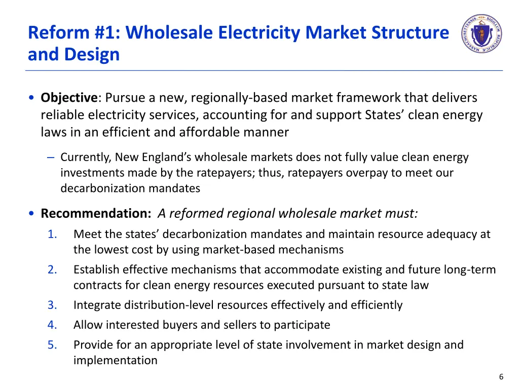 reform 1 wholesale electricity market structure