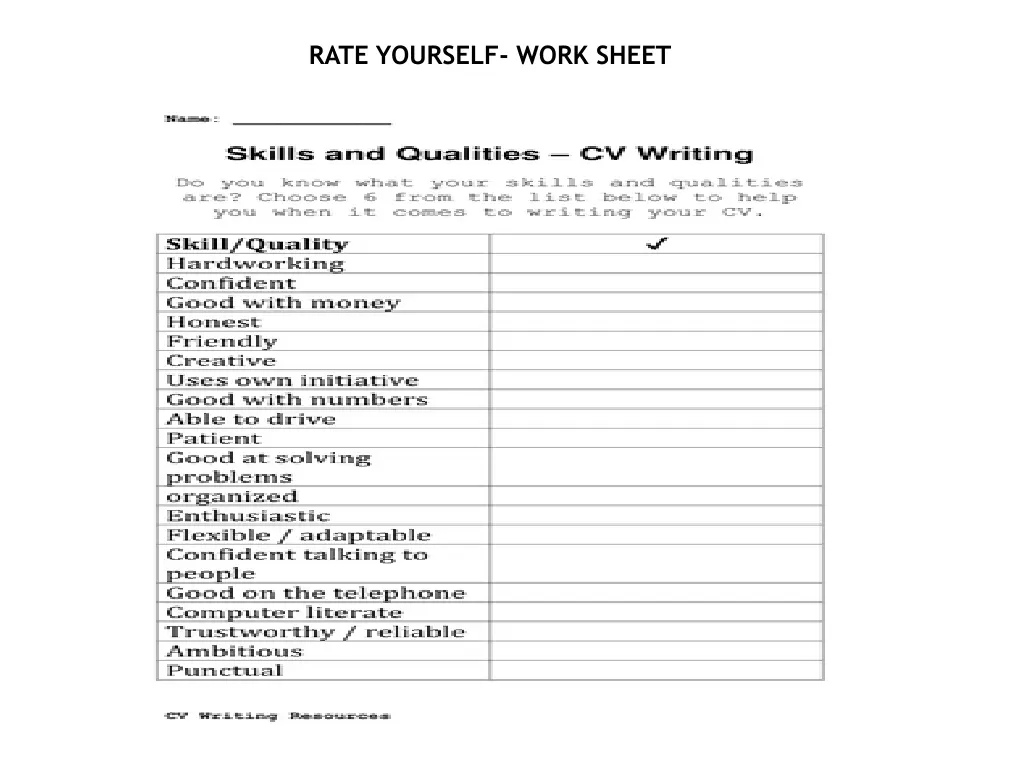 rate yourself work sheet