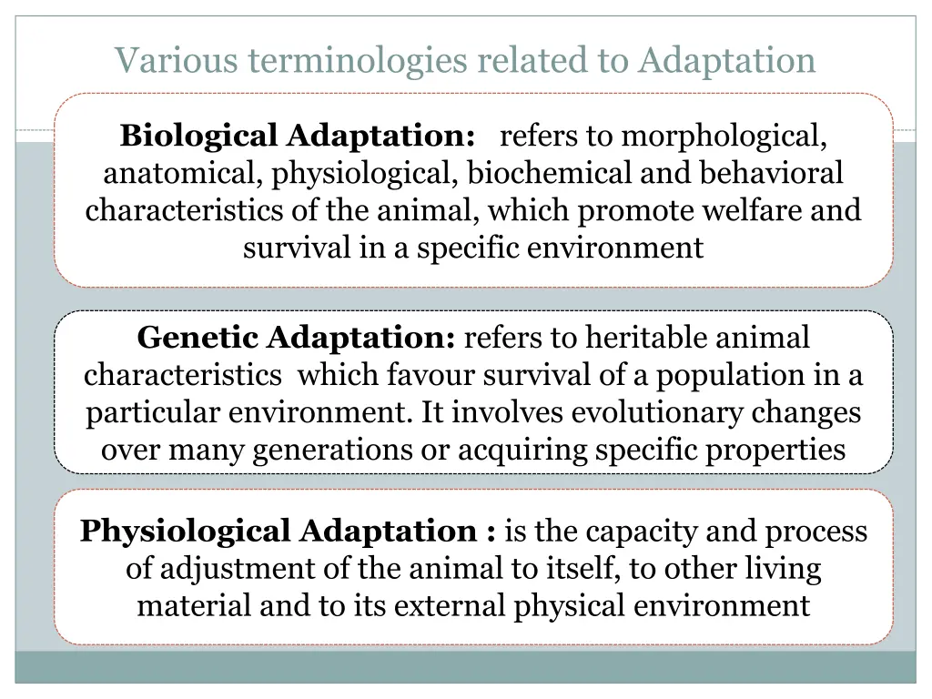 various terminologies related to adaptation
