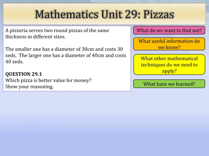mathematics unit 29 pizzas