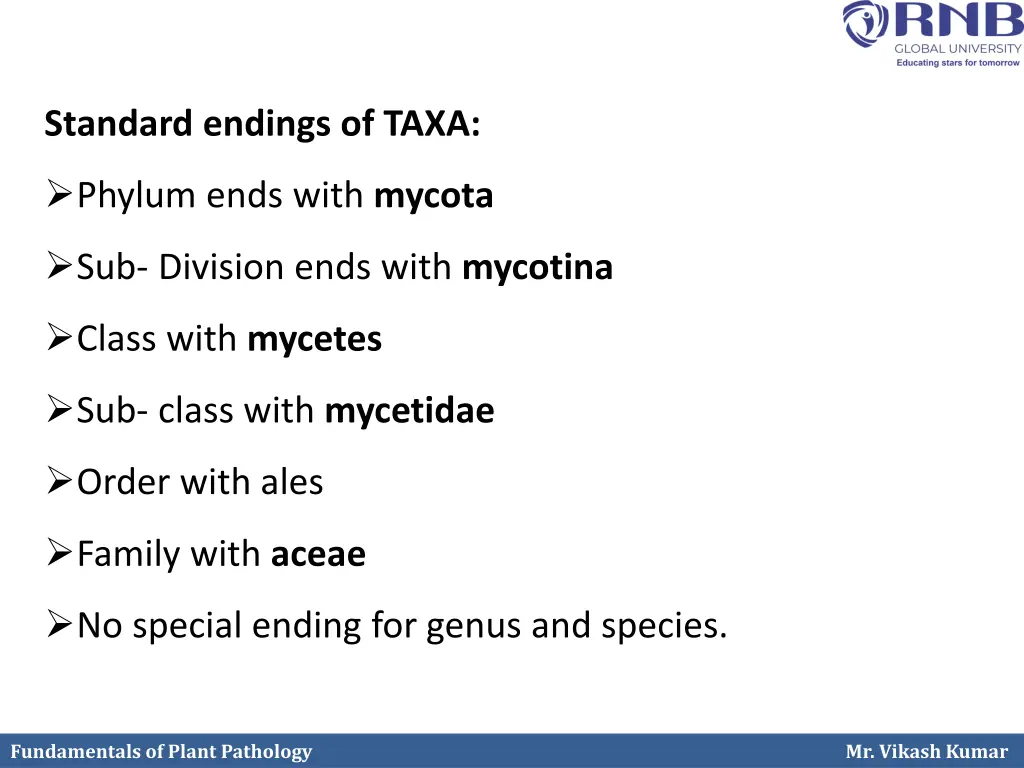 standard endings of taxa