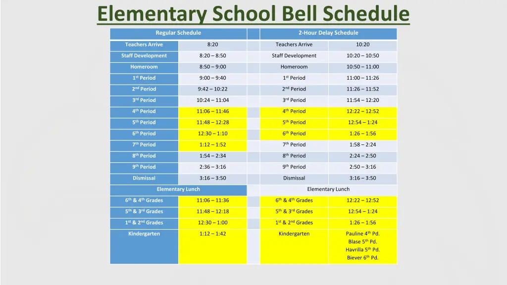 elementary school bell schedule