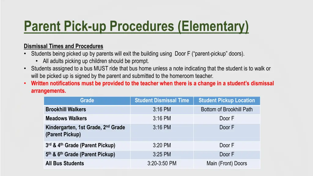 parent pick up procedures elementary