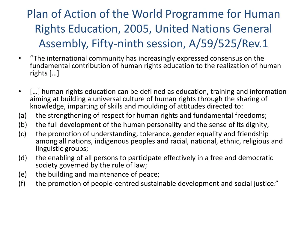 plan of action of the world programme for human