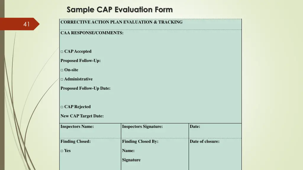 sample cap evaluation form