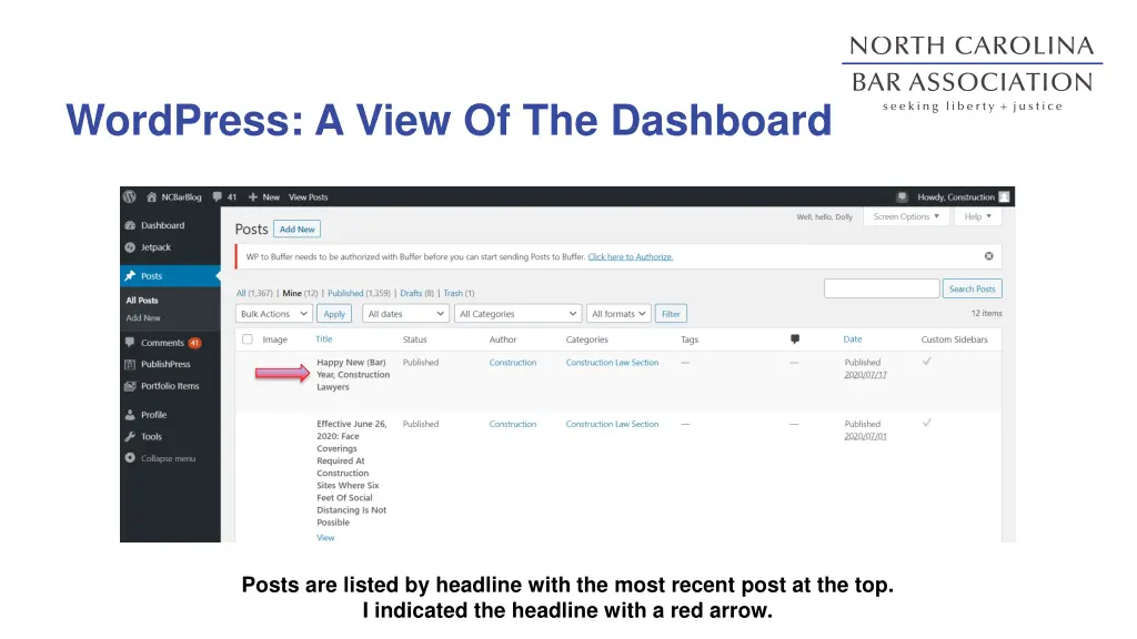 wordpress a view of the dashboard