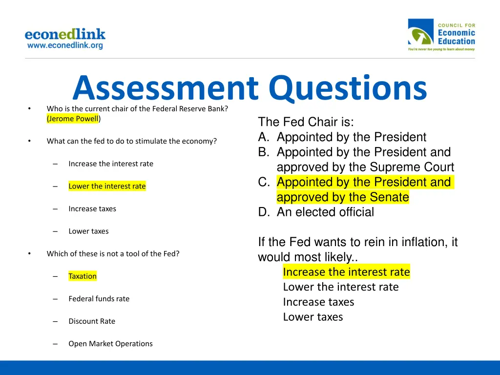 assessment questions who is the current chair