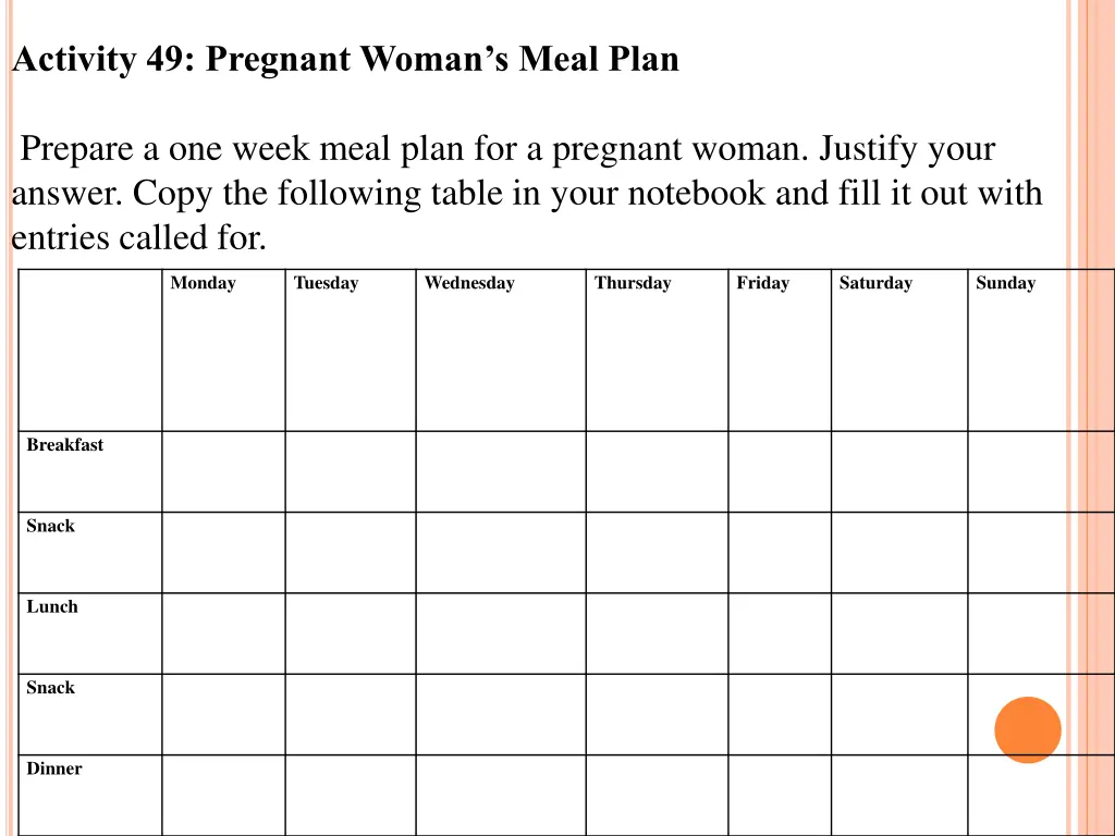 activity 49 pregnant woman s meal plan prepare