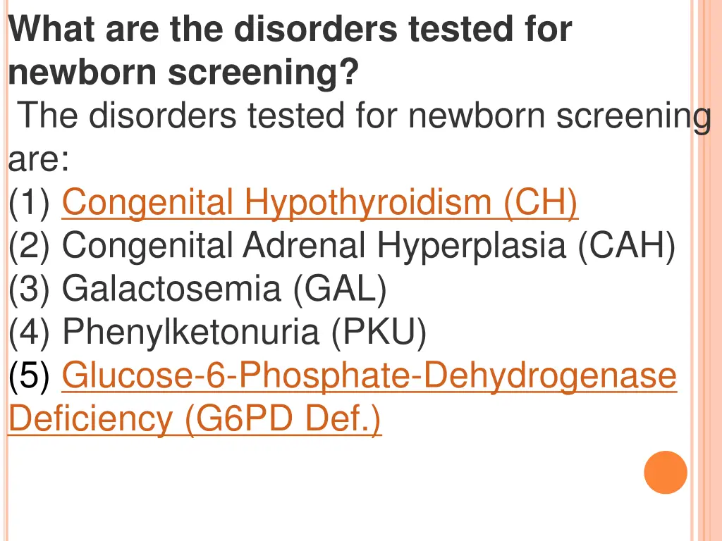 what are the disorders tested for newborn