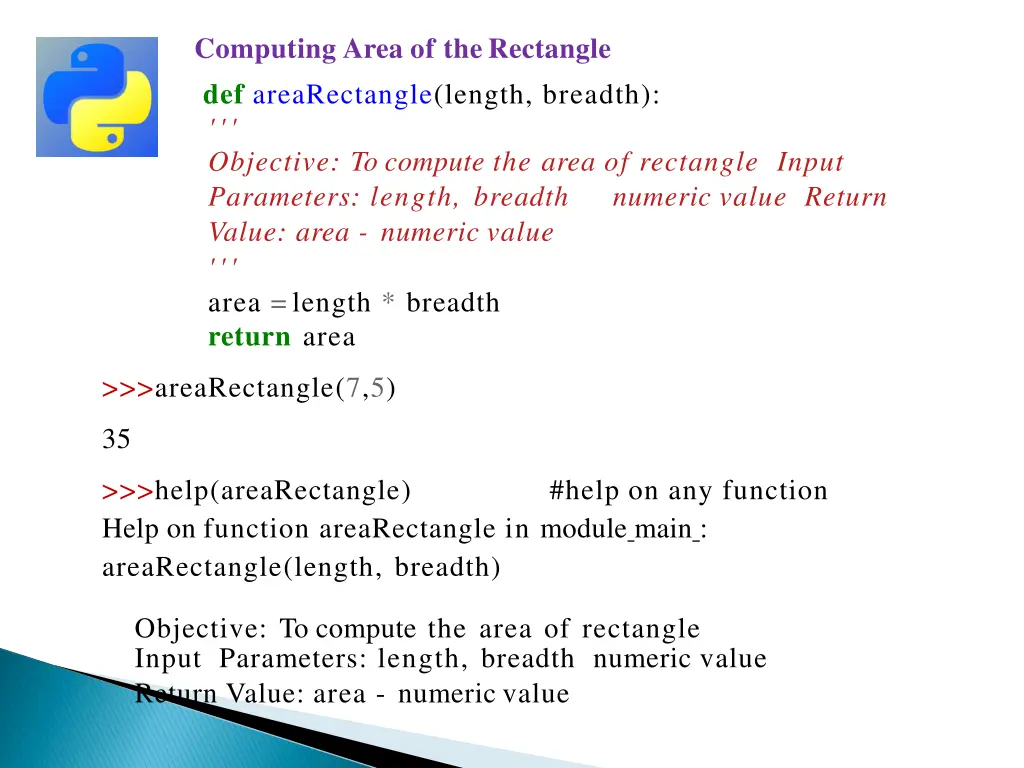 computing area of therectangle def arearectangle