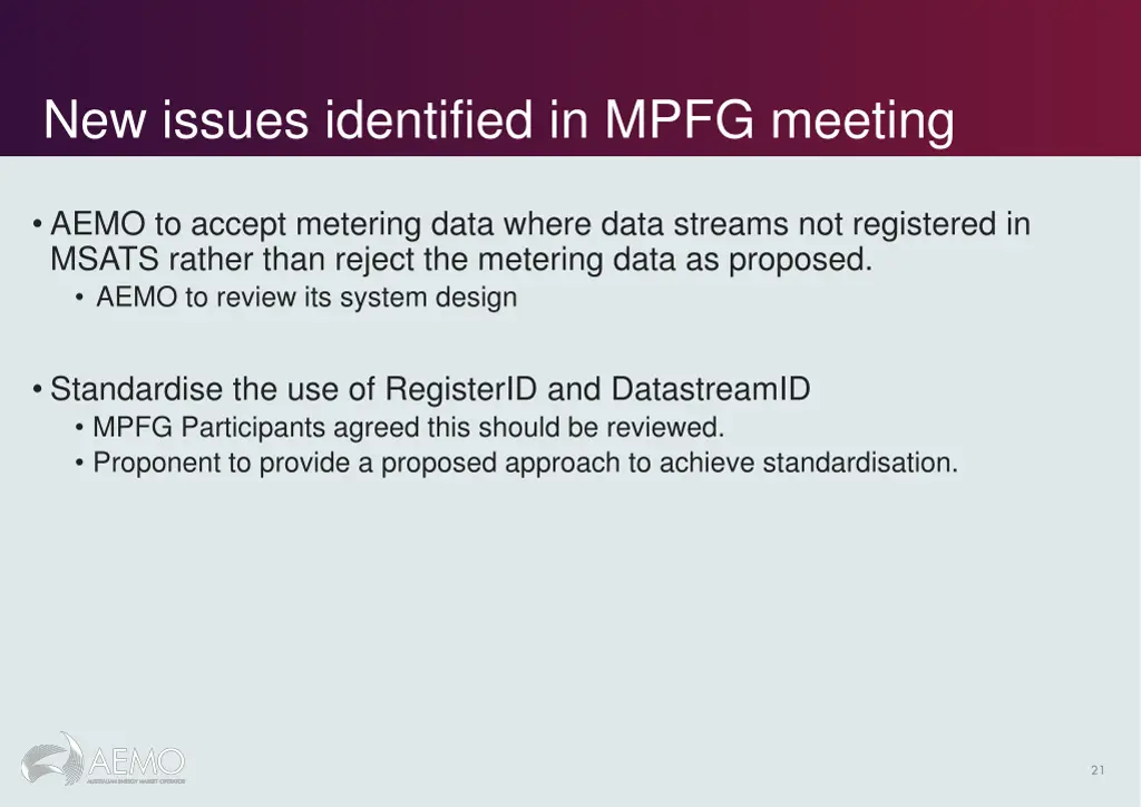 new issues identified in mpfg meeting 1