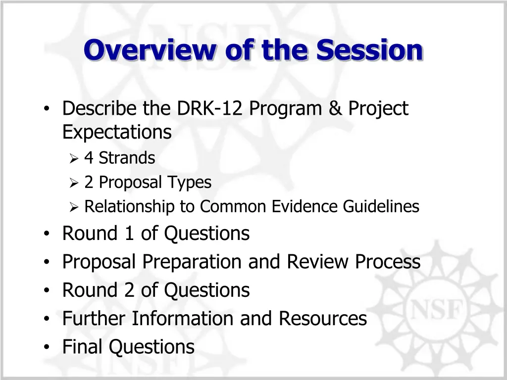 overview of the session