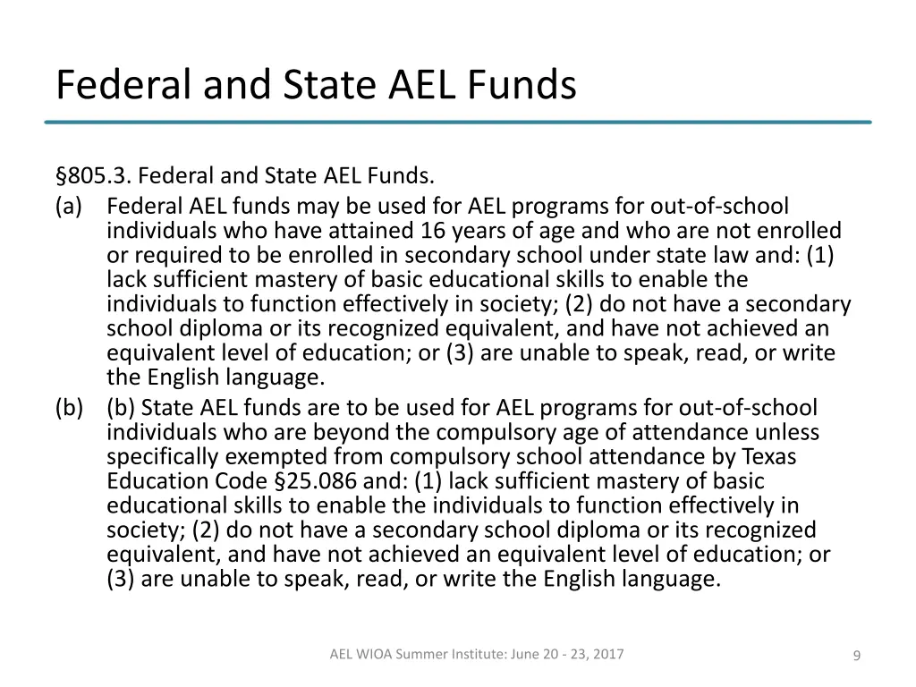 federal and state ael funds