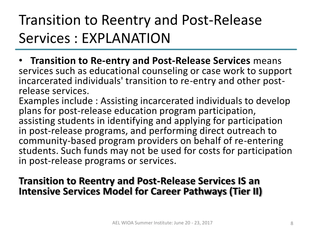 transition to reentry and post release services
