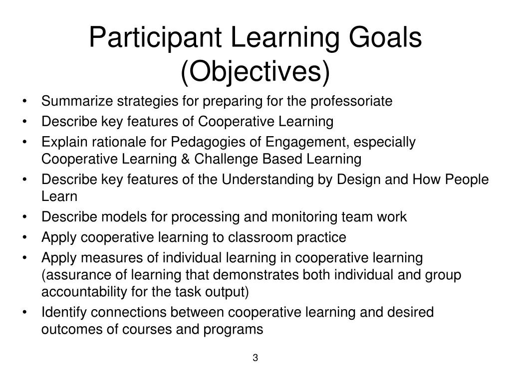 participant learning goals objectives summarize