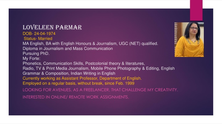 loveleen parmar dob 24 04 1974 status married