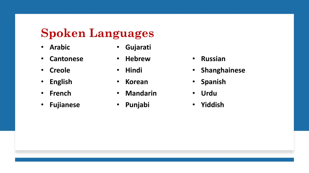 spoken languages arabic cantonese creole english