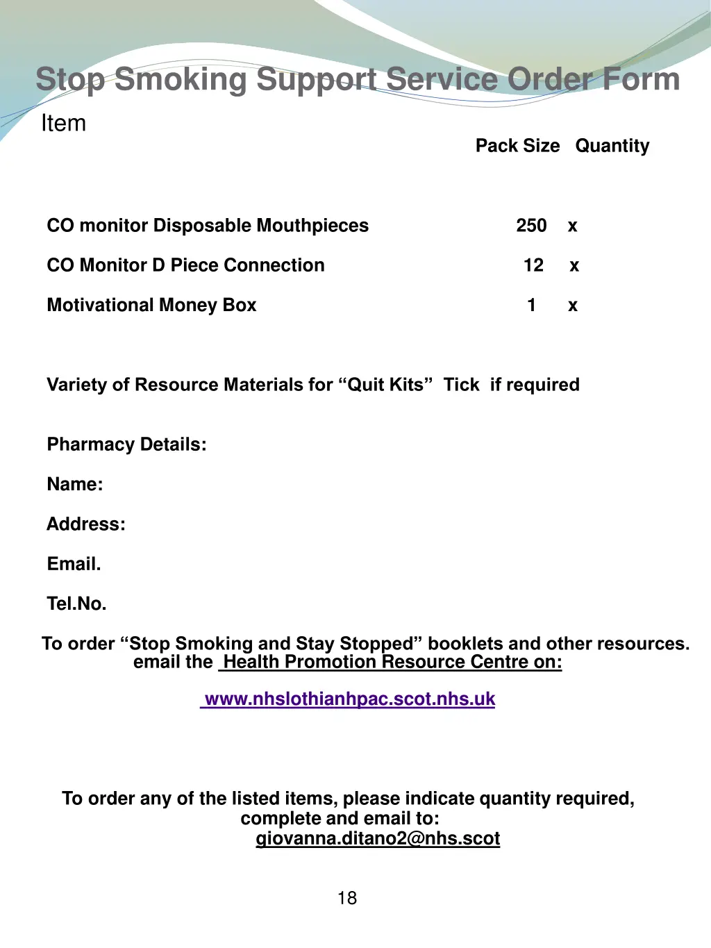 stop smoking support service order form