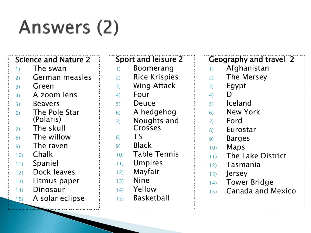 sport and leisure 2 1 boomerang 2 rice krispies 1