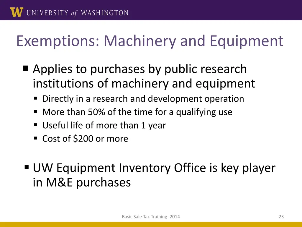 exemptions machinery and equipment