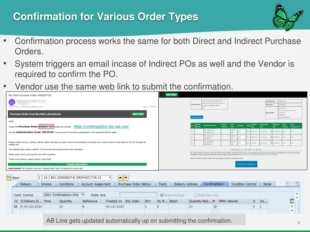 confirmation for various order types