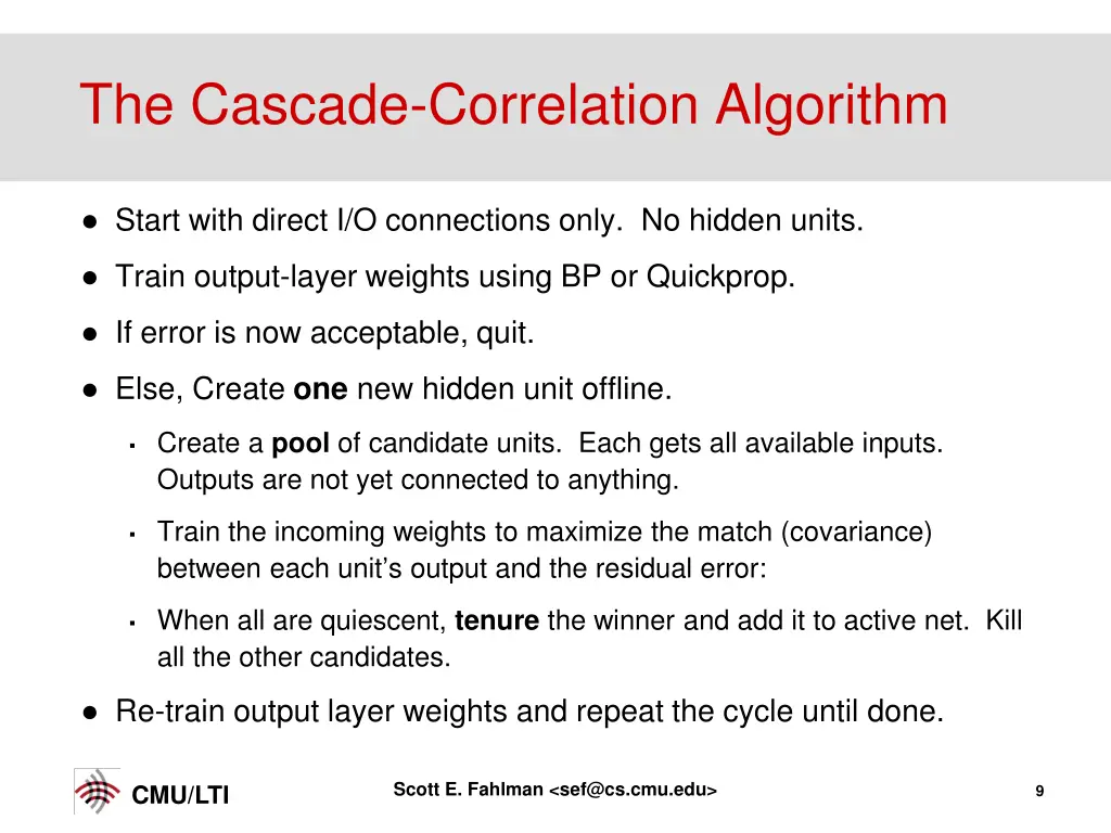 the cascade correlation algorithm