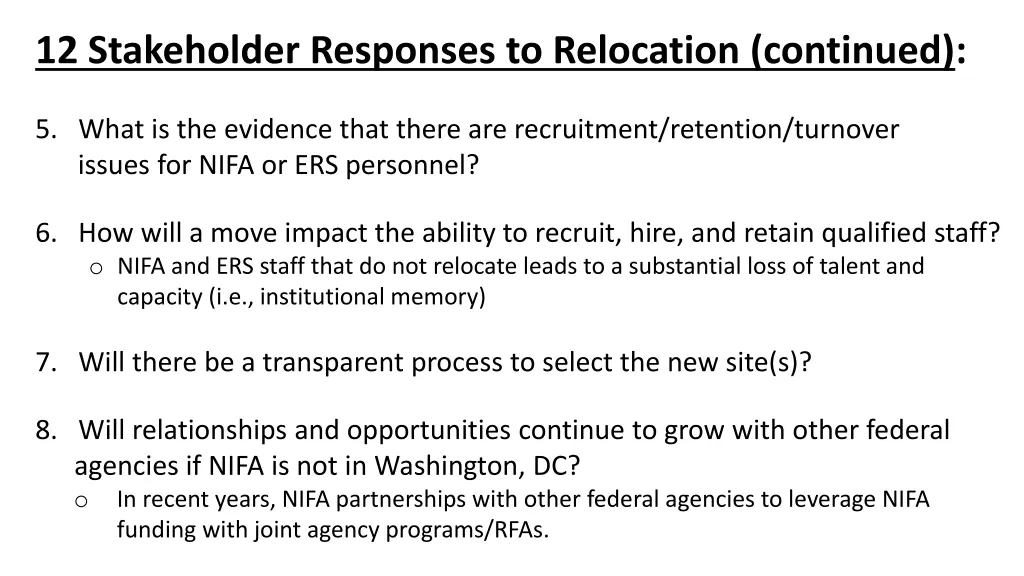 12 stakeholder responses to relocation continued