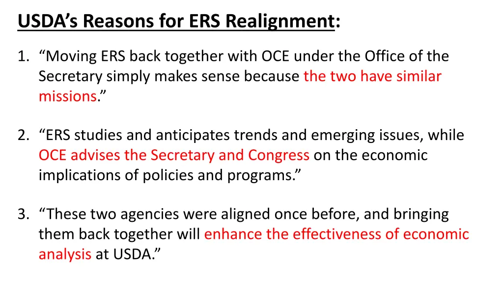 usda s reasons for ers realignment