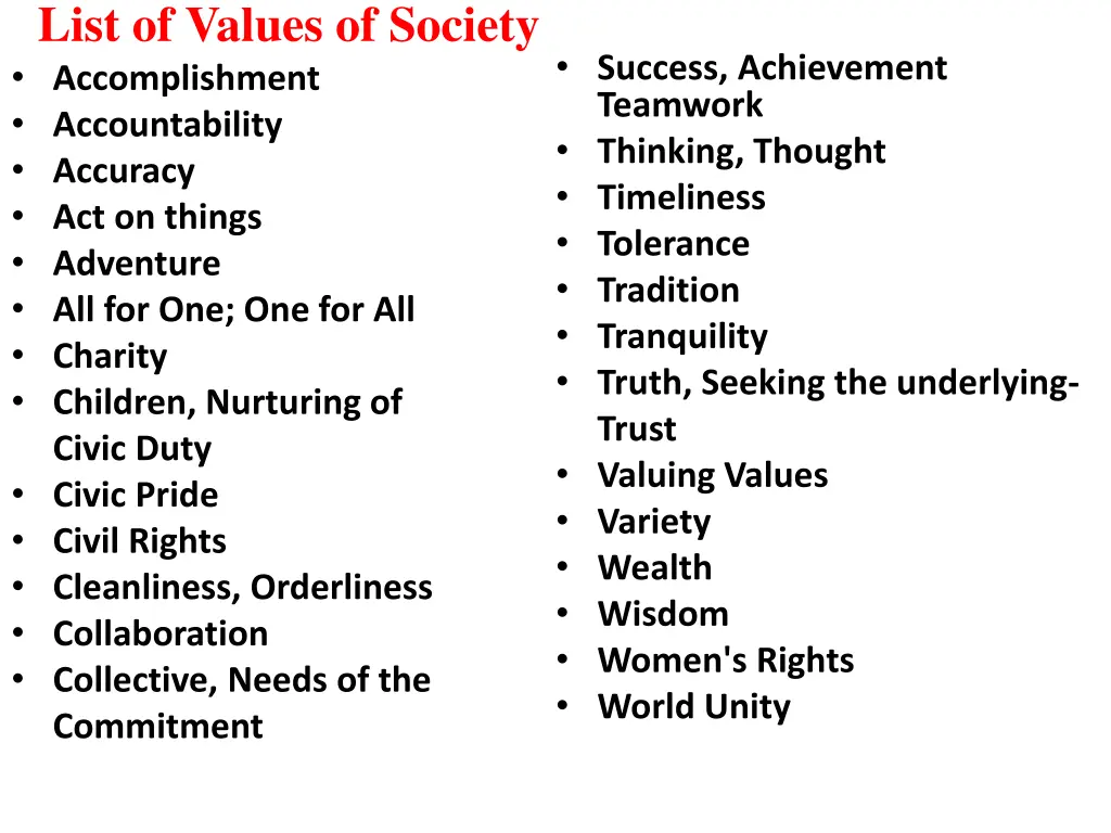 list of values of society accomplishment
