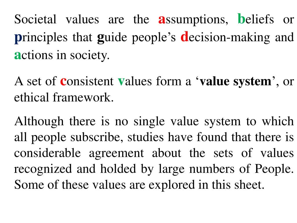 societal values are the a ssumptions b eliefs
