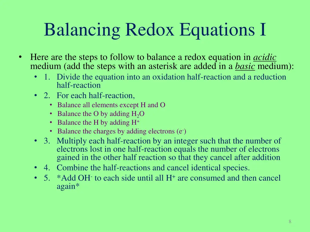 balancing redox equations i
