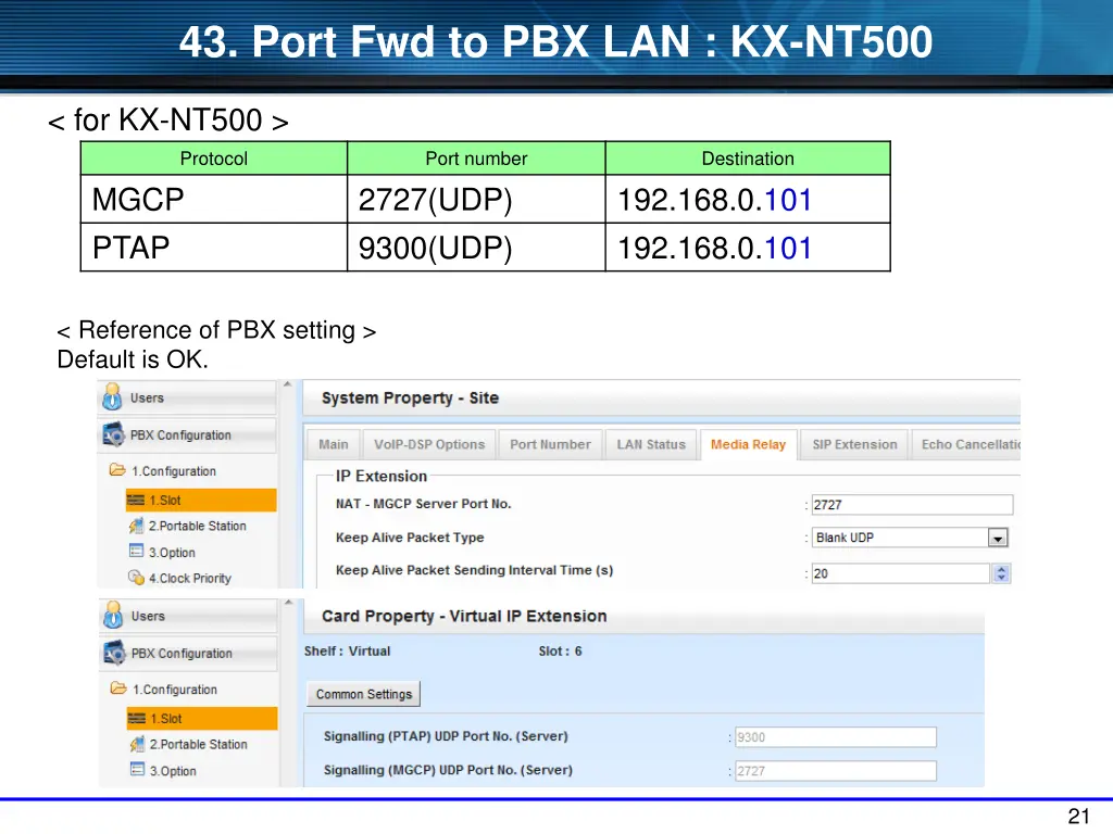 43 port fwd to pbx lan kx nt500