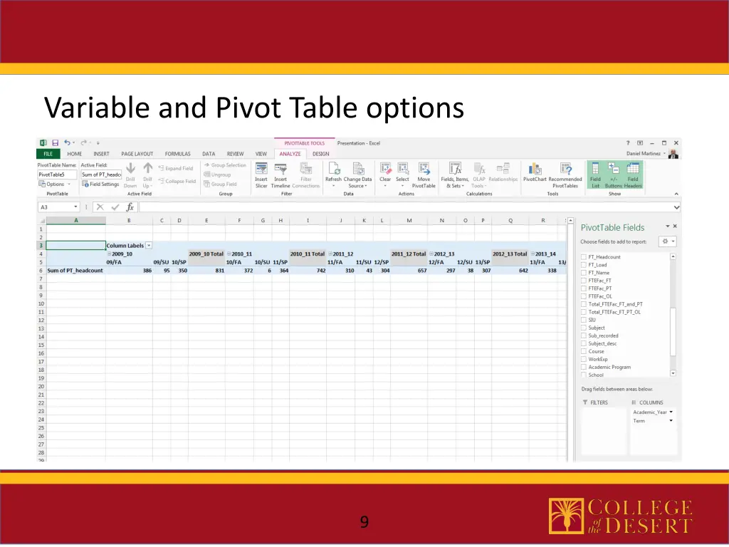 variable and pivot table options