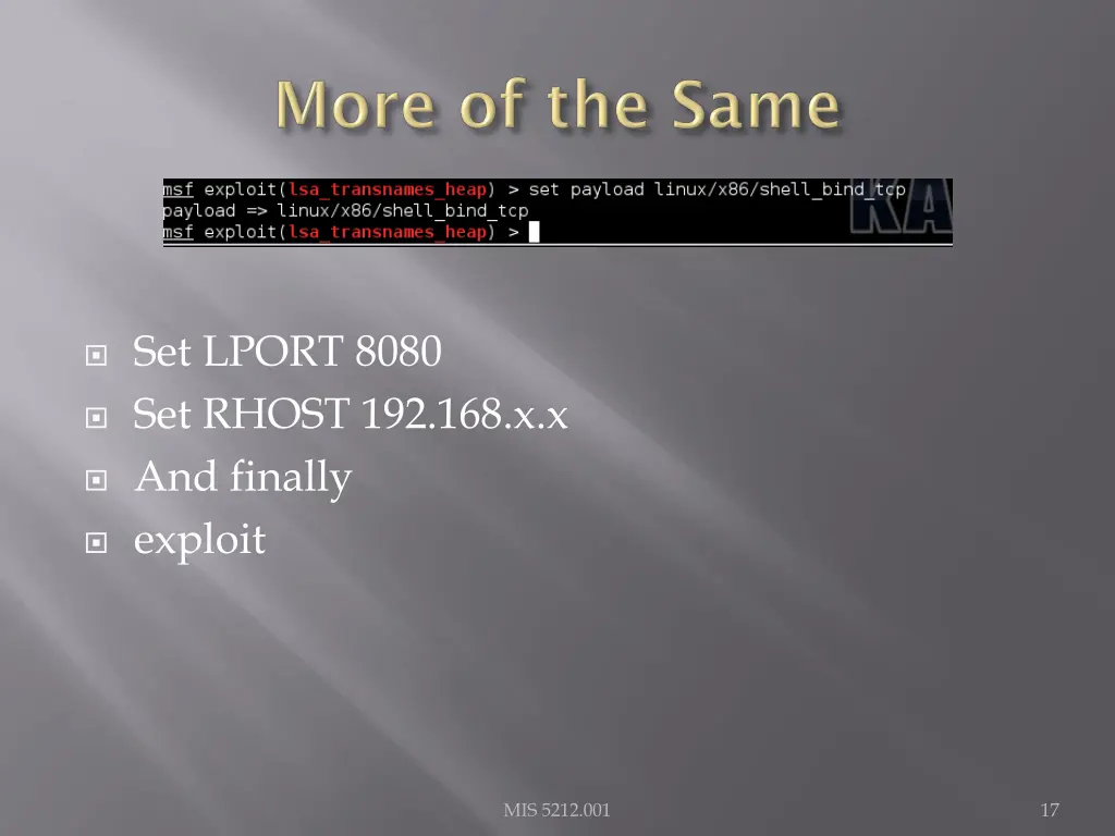 set lport 8080 set rhost 192 168 x x and finally