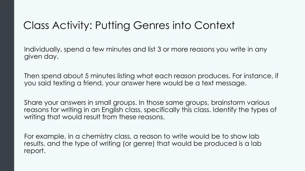 class activity putting genres into context