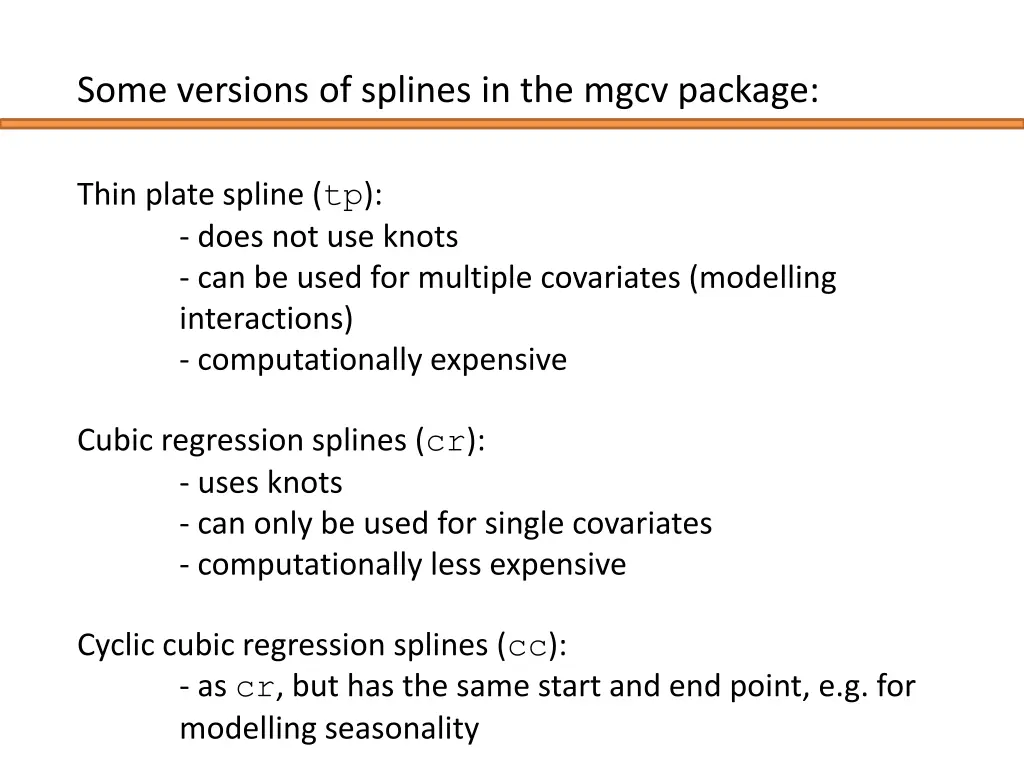 some versions of splines in the mgcv package