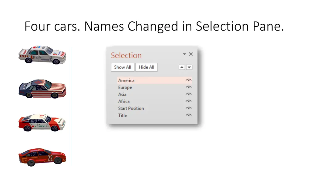 four cars names changed in selection pane