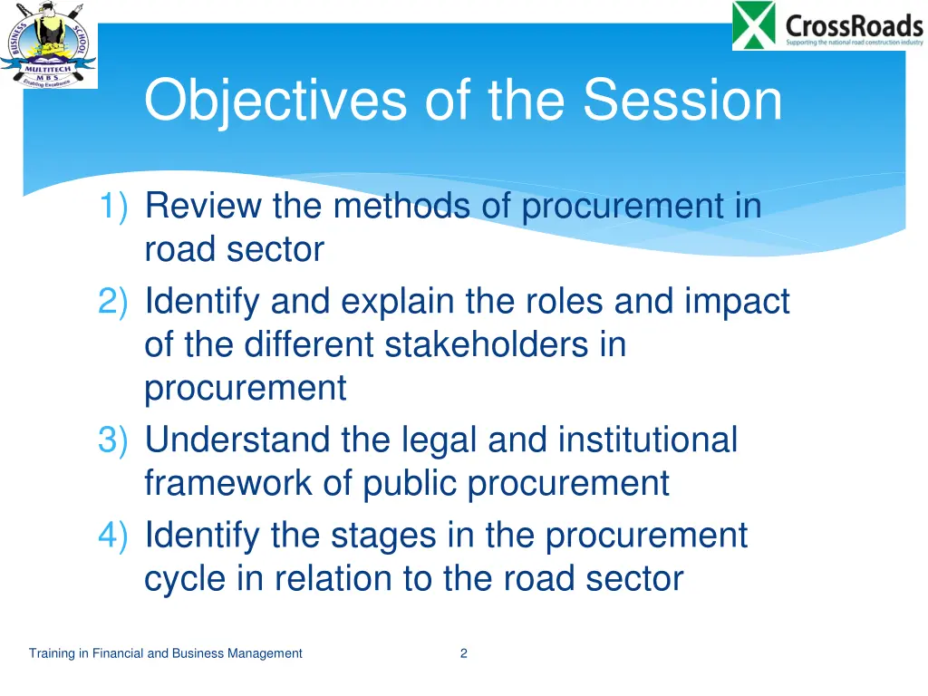 objectives of the session