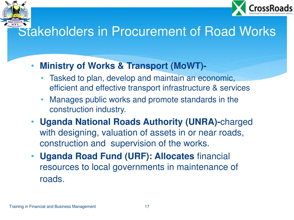 stakeholders in procurement of road works