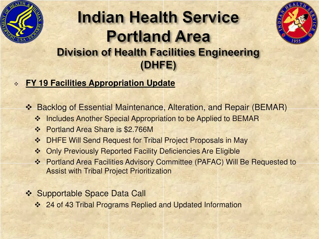 fy 19 facilities appropriation update