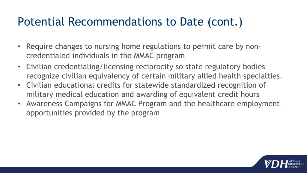 potential recommendations to date cont 1