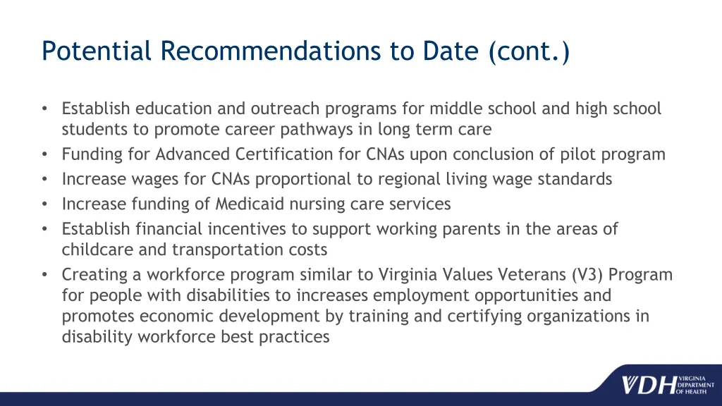 potential recommendations to date cont