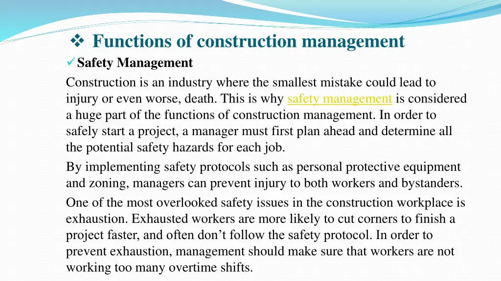 functions of construction management safety