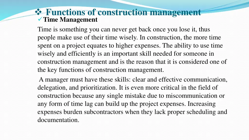 functions of construction management time