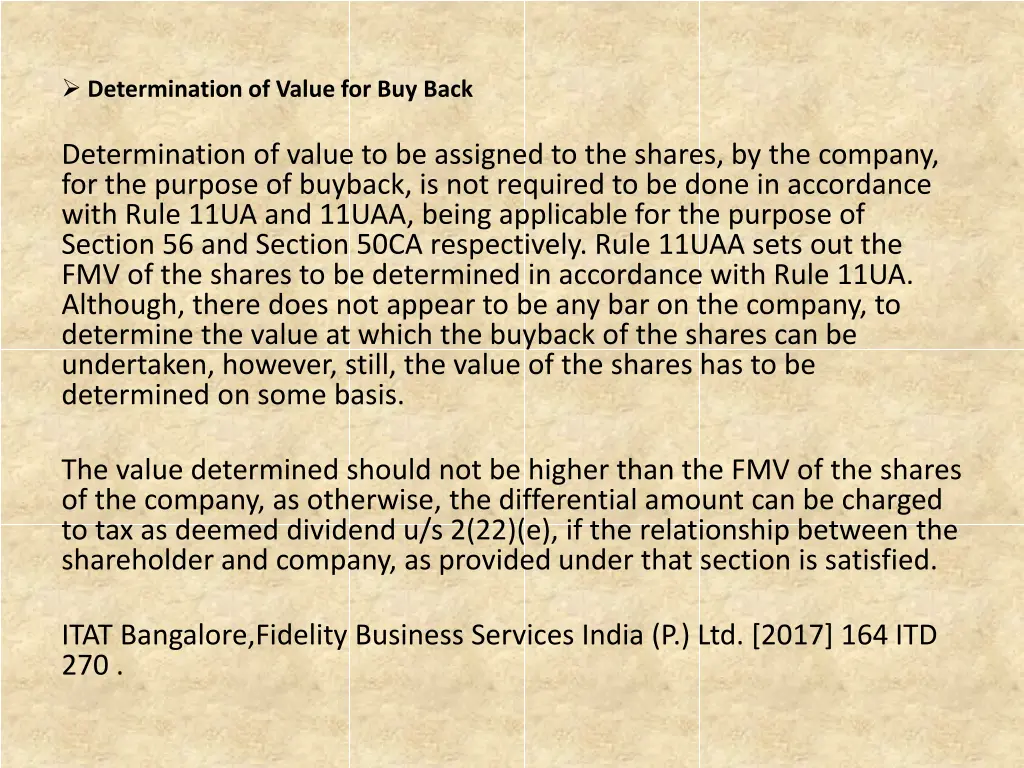 determination of value for buy back