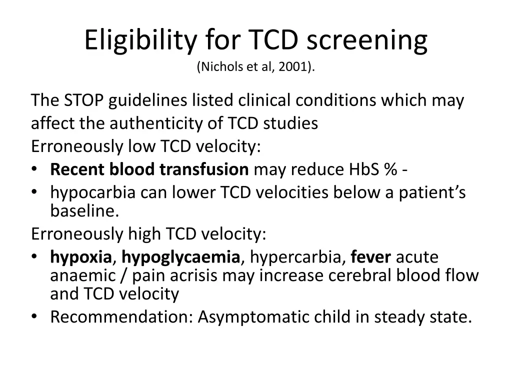 eligibility for tcd screening nichols et al 2001