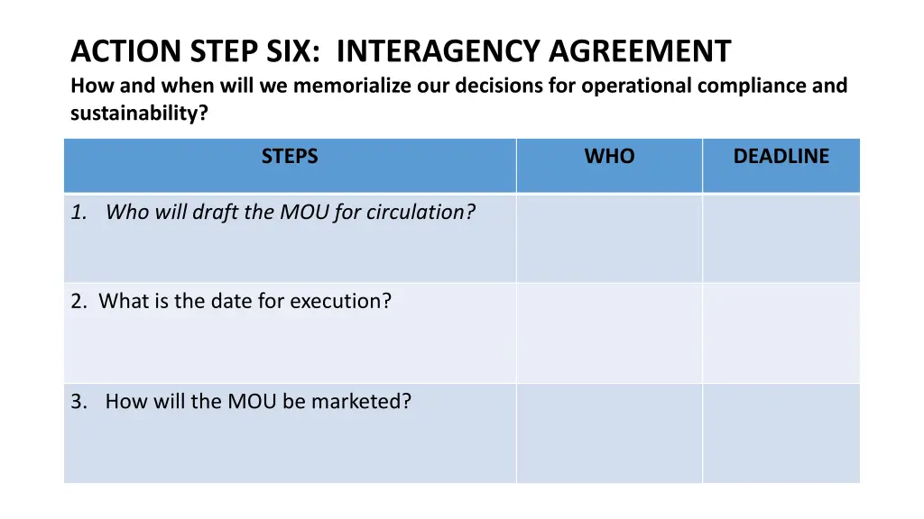 action step six interagency agreement